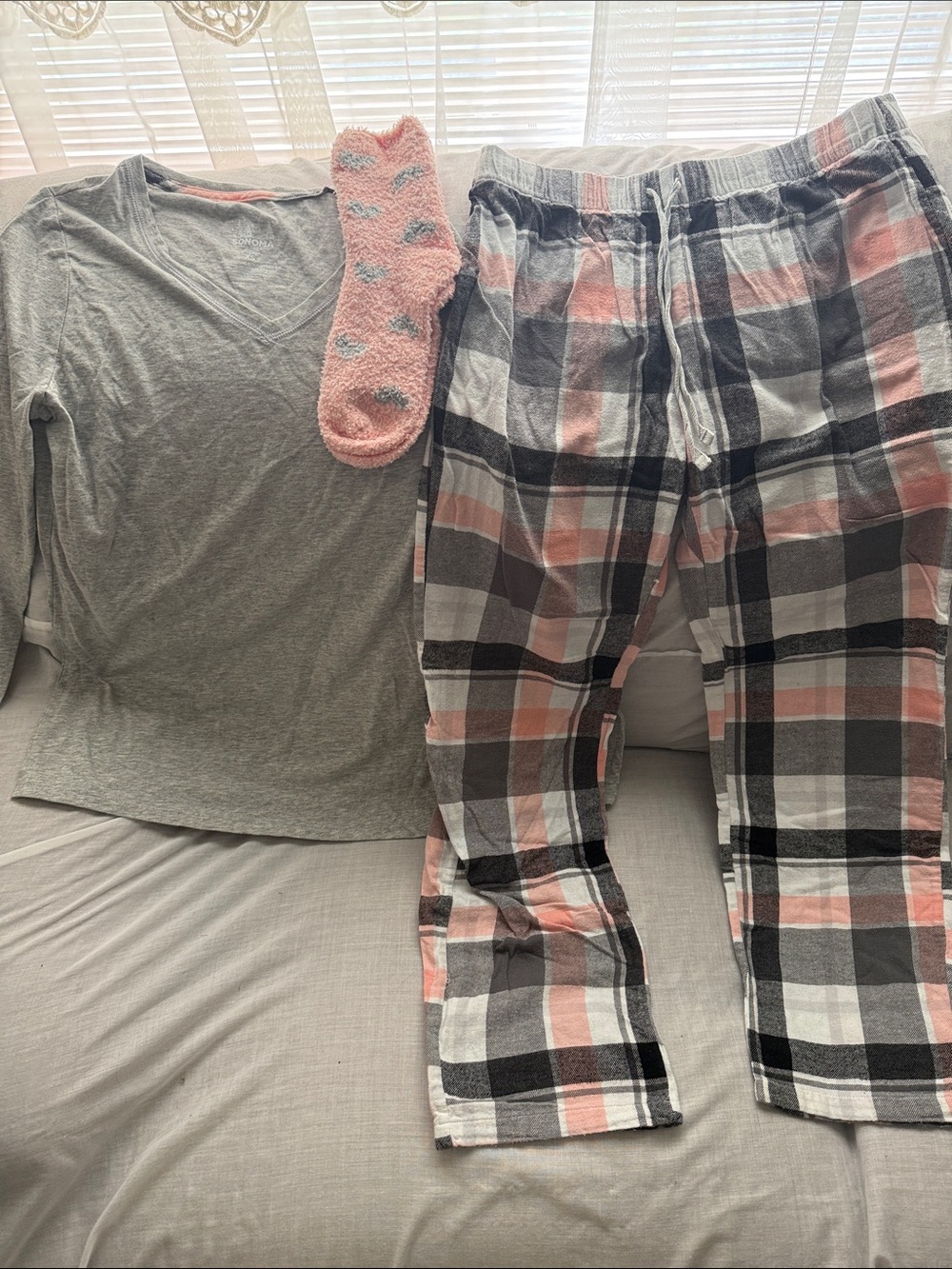 Sonoma Gray and Peach Plaid womens Pajama Set with Cozy Socks